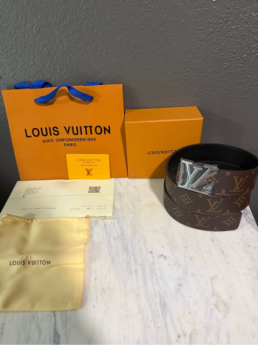 Louis Vuitton Brown Monogram Men's Belt with Silver LV Buckle